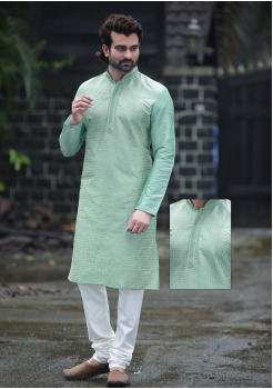 Cyan with White Color Silk Kurta Set